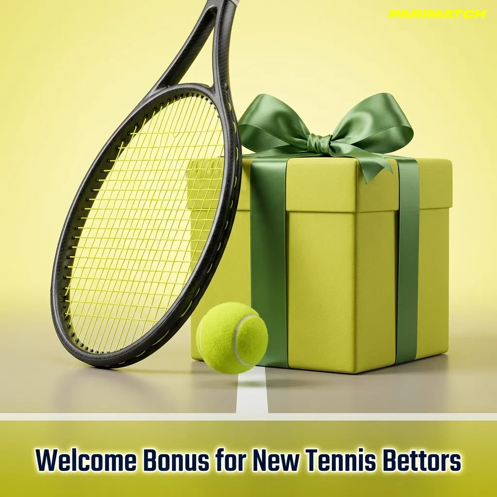 New tennis bettors receiving welcome bonus on Parimatch India with percentage match deposit and betting chips illustration