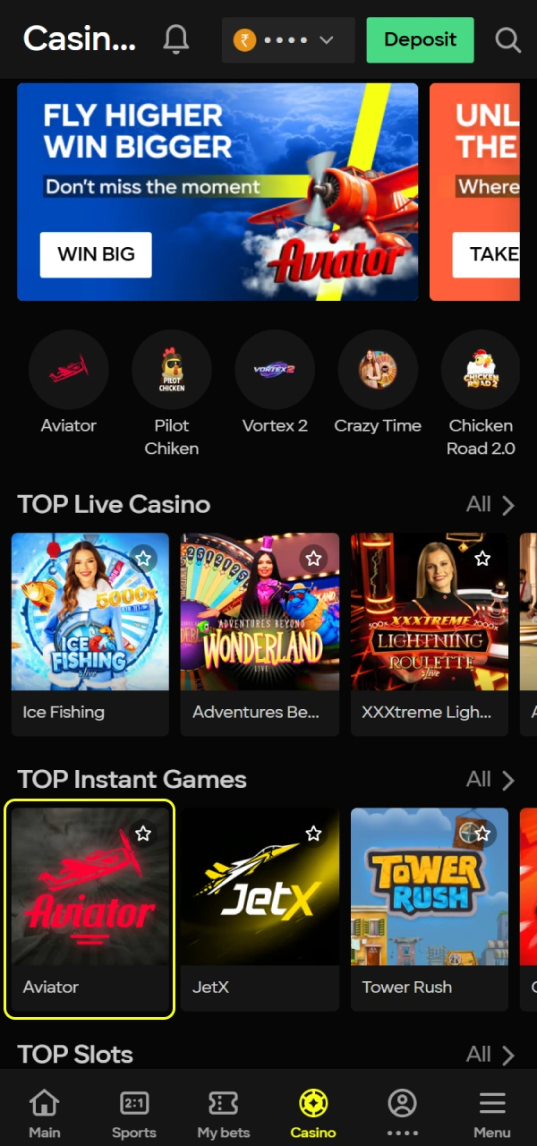 Find the Parimatch Aviator game within the main casino menu.