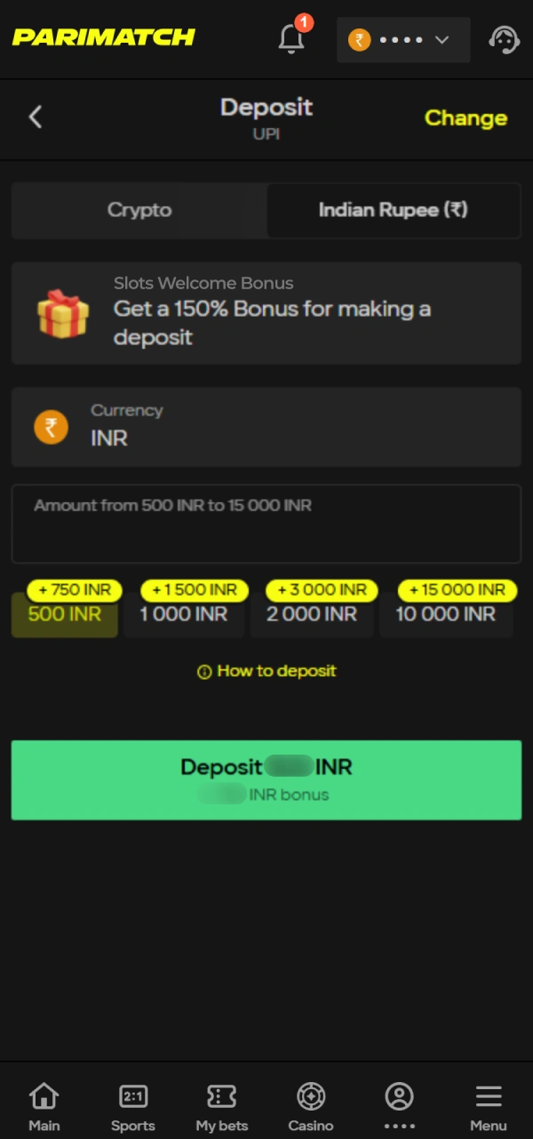 Deposit INR to place real-money bets in the Parimatch Aviatrix game.