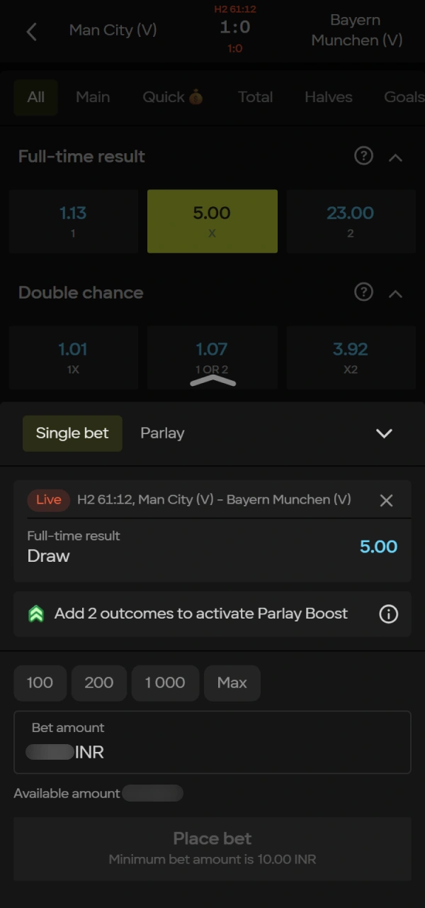 Finalize your Parimatch Football betslip and watch the live action.
