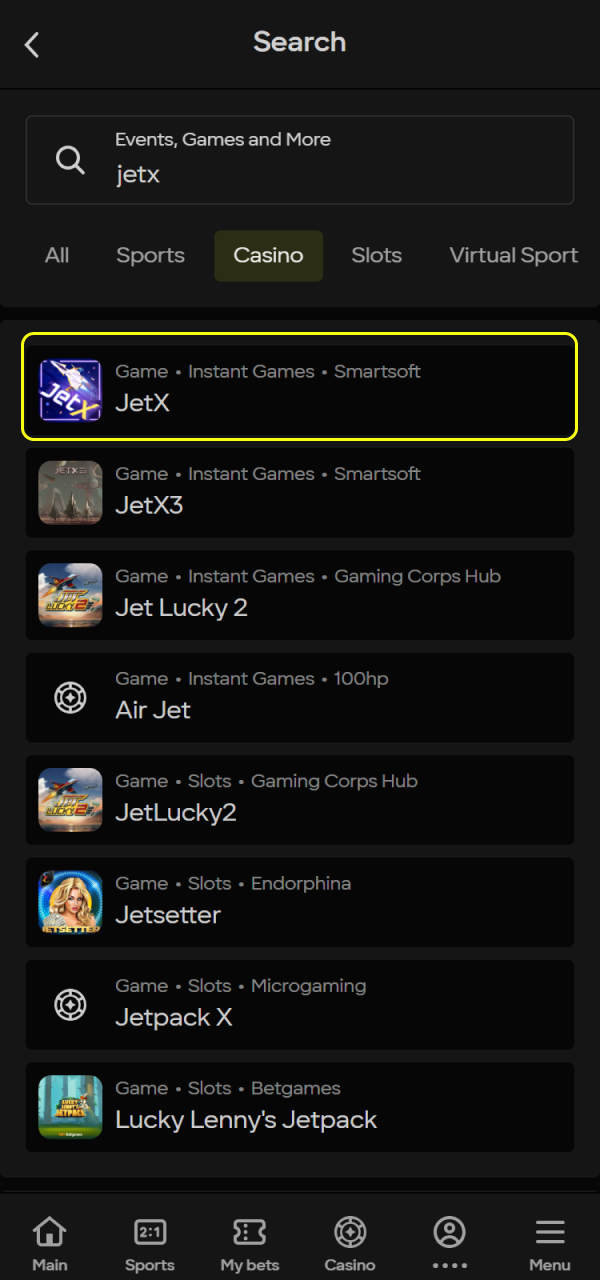 Find and open the Parimatch JetX title in the casino lobby.