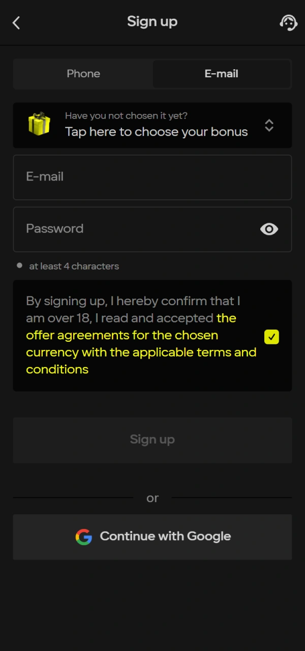 Start your Parimatch Android App registration to create a new betting account.