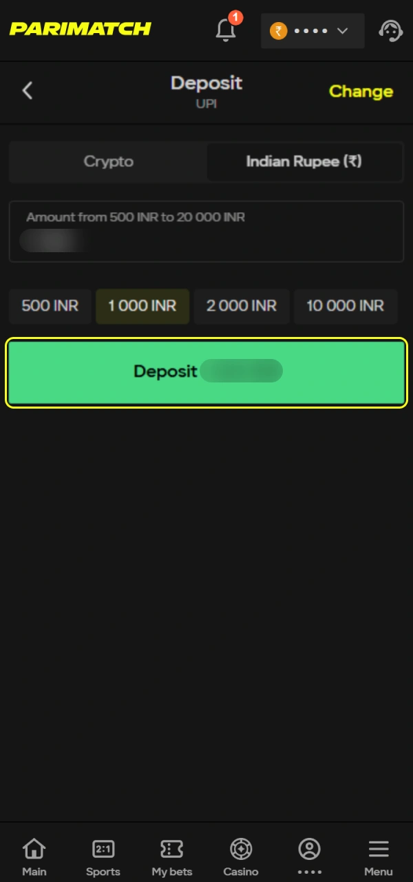 Verify the payment to finalize your Parimatch India deposit now.