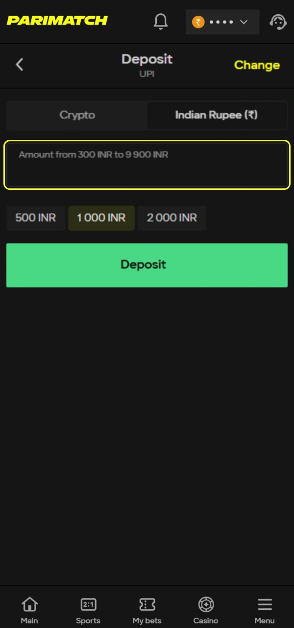 Complete the financial steps to validate your Parimatch Bonus Code.