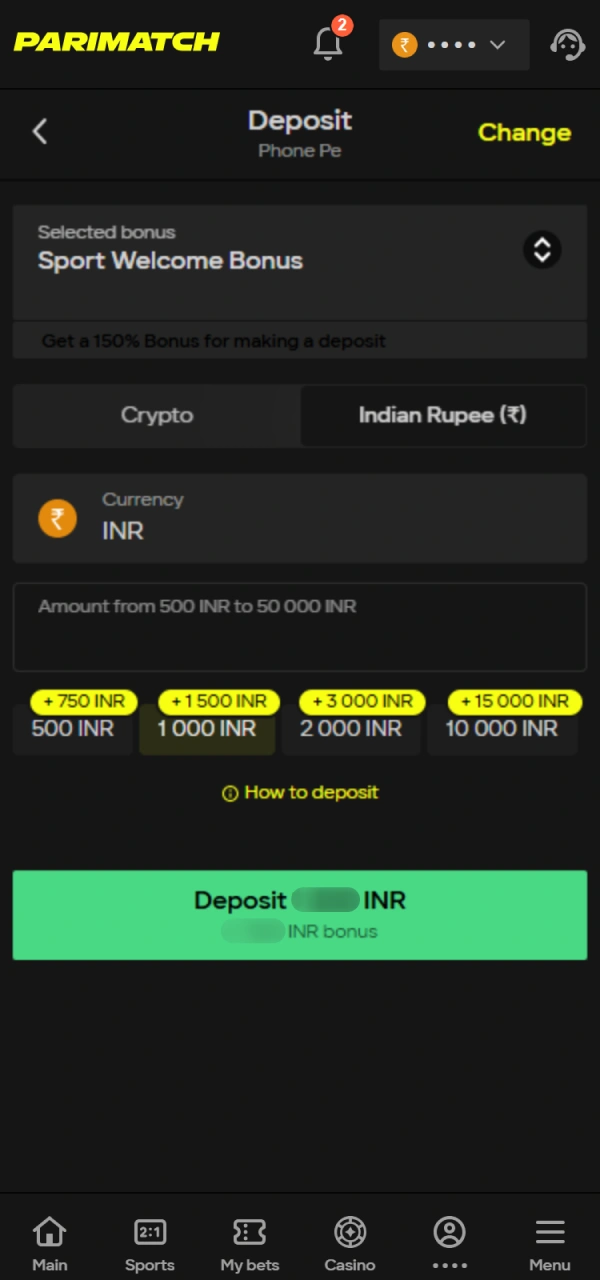 Use secure local methods to fund your Parimatch Sport betting balance.