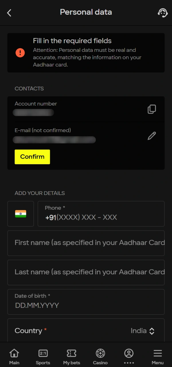 Fill in your details to secure your Parimatch Registration Bonus funds.
