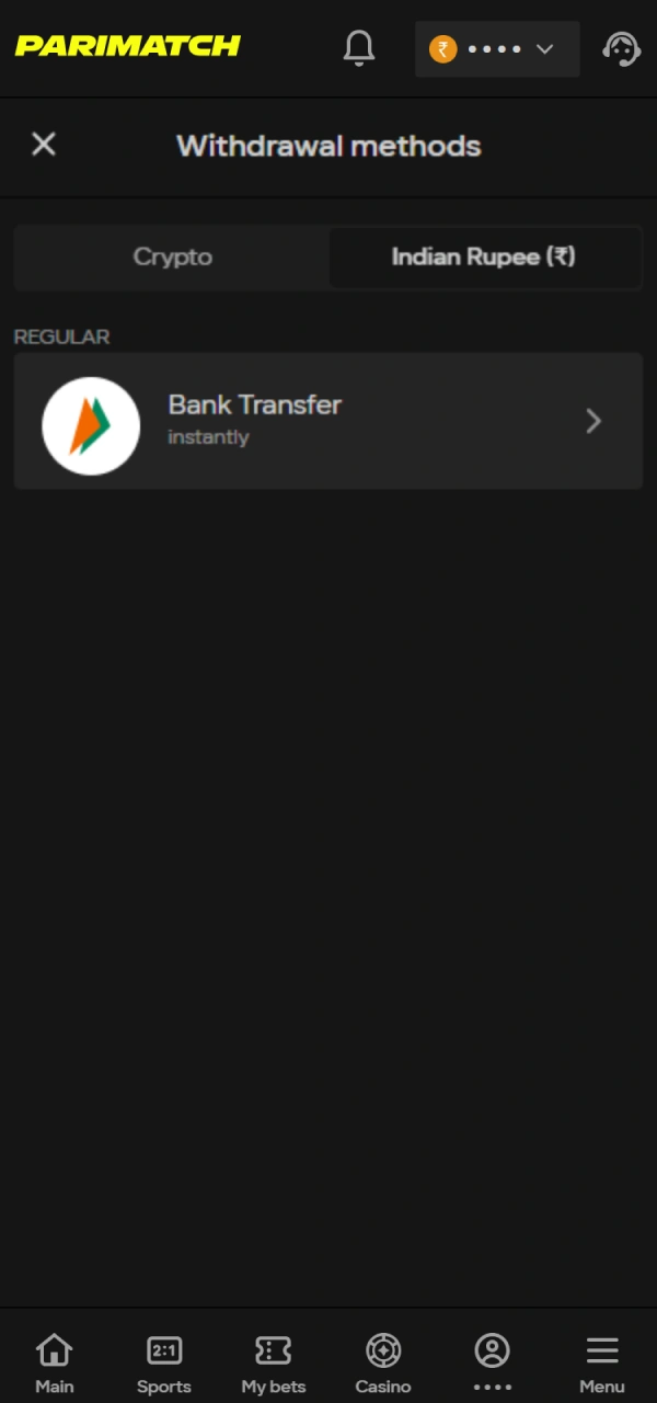 Choose your preferred method within the Parimatch India withdrawal menu.